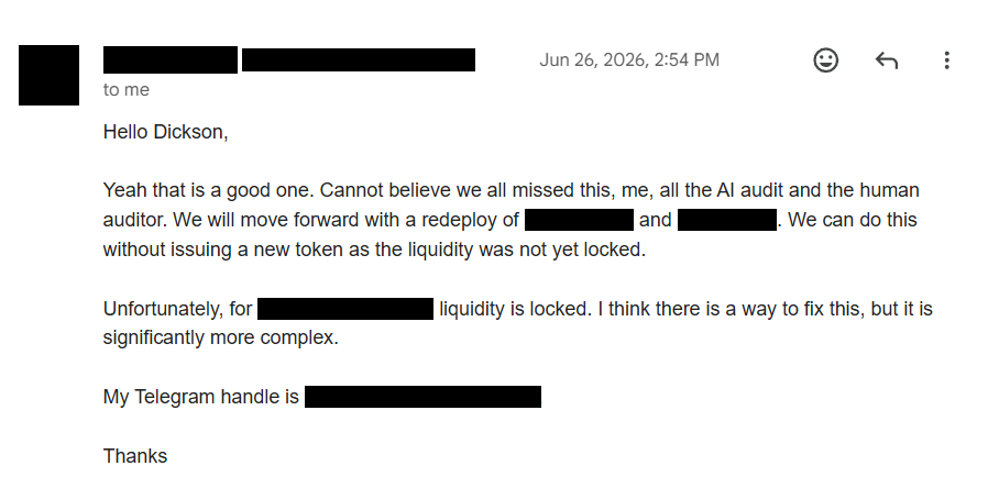 Redacted email: "Cannot believe we all missed this, me, all the AI audit and the human auditor." It says they will move forward with a redeploy; contract names are blacked out.