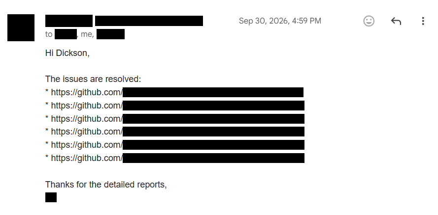 Redacted email: "The issues are resolved:" followed by six GitHub URL beginnings and blacked-out text, and "Thanks for the detailed reports,".