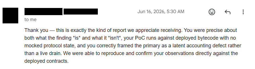 Redacted email dated Jun 16, 2026: "You were precise about both what the finding *is* and what it *isn't*" and "you correctly framed the primary as a latent accounting defect rather than a live drain."