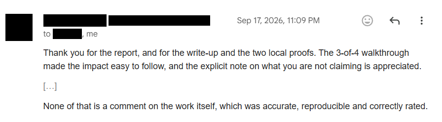 Redacted email: "None of that is a comment on the work itself, which was accurate, reproducible and correctly rated."