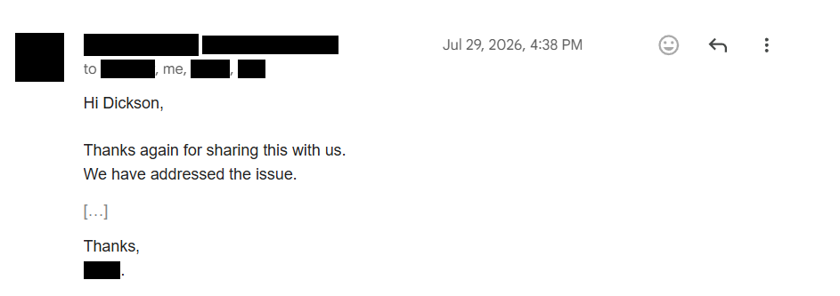 Redacted email: "Thanks again for sharing this with us." and "We have addressed the issue."